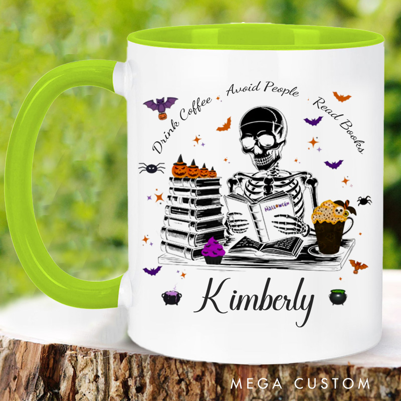 Personalized Drink Coffee Avoid People Read Books Mugs Custom Reading Skeleton Coffee Mug with Name Book Lover Gift for Halloween Gift