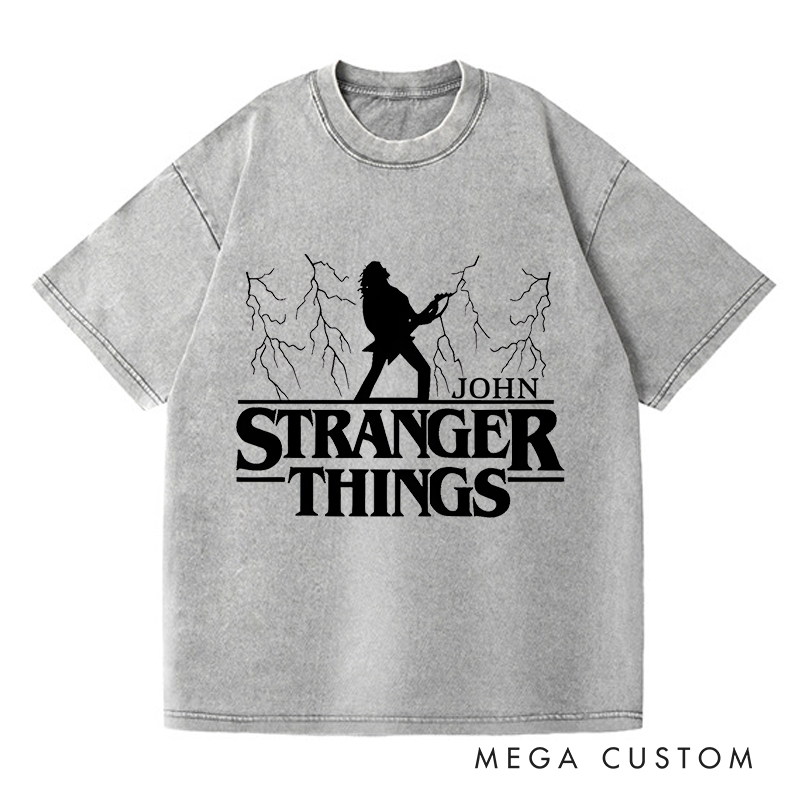 Personalized Washed T-Shirts Bold Guitarist and Lightning Unique and Dynamic T-Shirt