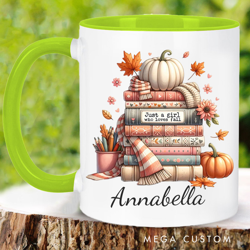 Personalized Just a Girl Who Loves Fall Mugs Custom Autumn Pumpkin Coffee Mug with Name Fall Book Lover Mug Book Lover Gift for Librarian Gift