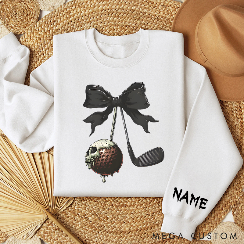 Personalized Halloween Golf Sweatshirt with Skull Ball and Bow Design  