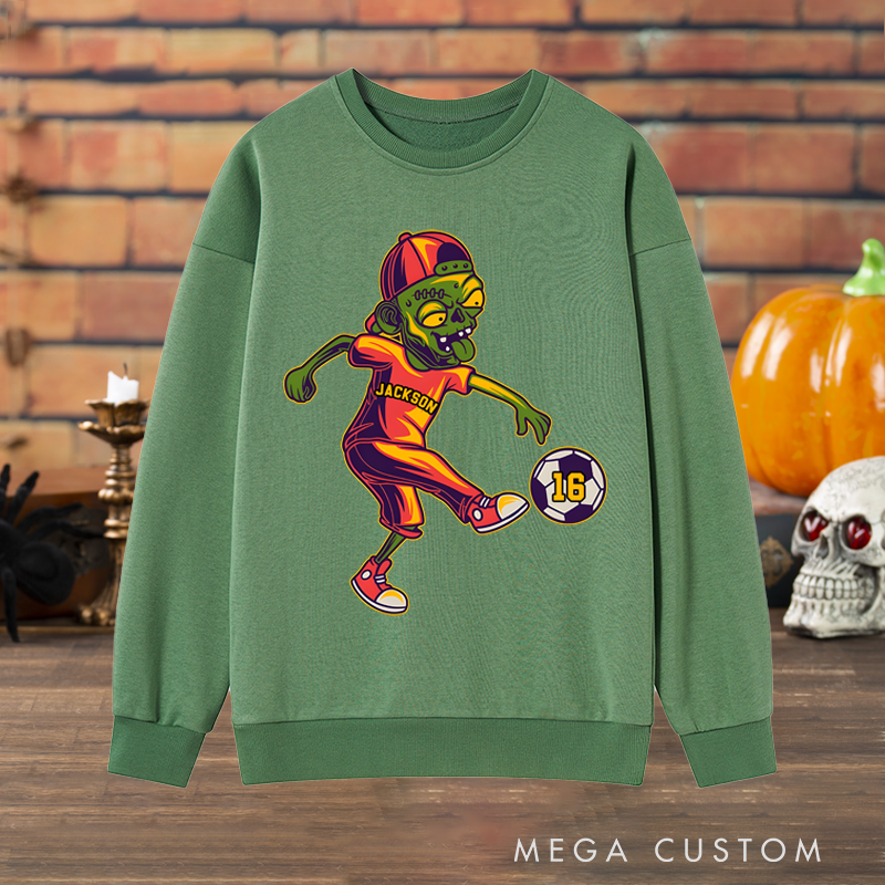Personalized Halloween Sweatshirt with Zombie Soccer Player Design, Custom Name, and Number