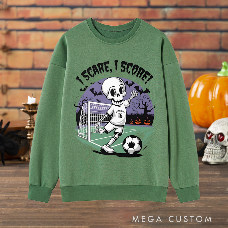 Personalized Halloween Soccer Sweatshirt with Skeleton Player Design, Custom Name, and Number