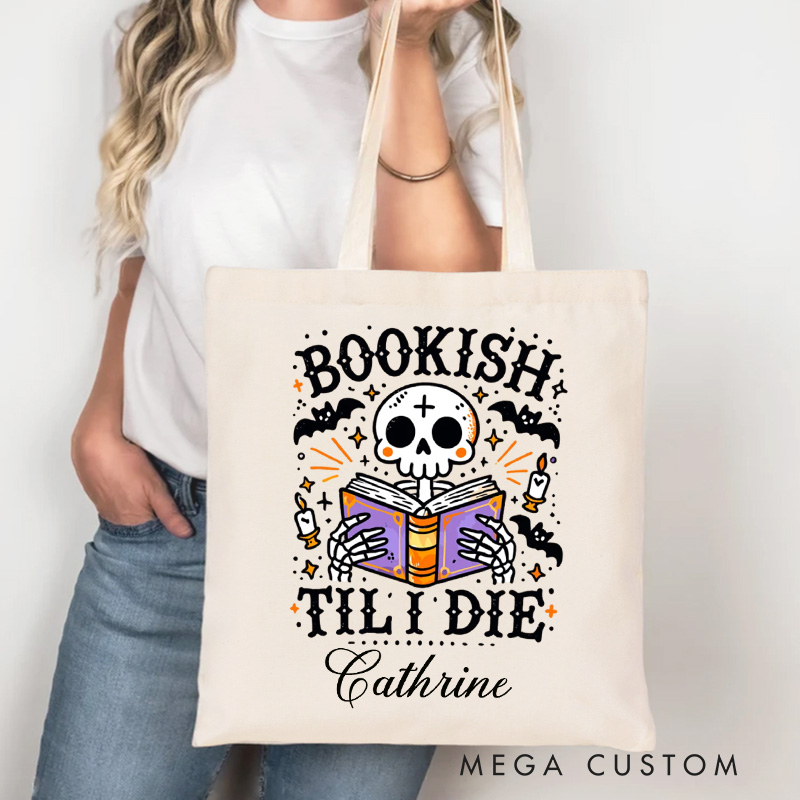 Personalized Bookish Till I Die Tote Bag Custom Reading Ghost Bag with Name Halloween Bat Totes Book Lover Halloween Gift Librarian Gift