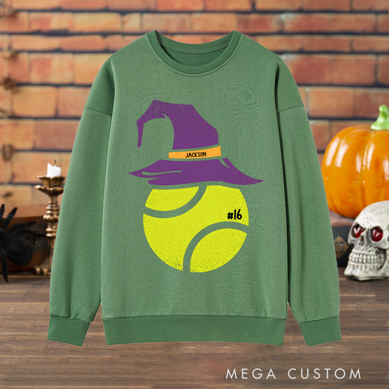 Personalized Halloween Tennis Sweatshirt with Witch Hat Design, Custom Name, and Number