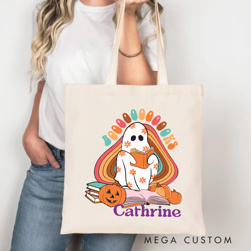 Personalized Booooks Tote Bag Custom Reading Ghost Bag with Name Reading Shopping Bag Book Lover Halloween Gift Librarian Gift