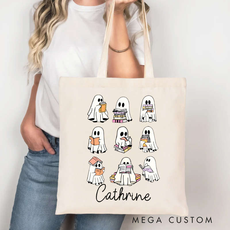 Personalized Ghost Reading Tote Bag Custom Halloween Ghost Bag with Name Halloween Bookish Bag Book Lover Halloween Gift Librarian Gift
