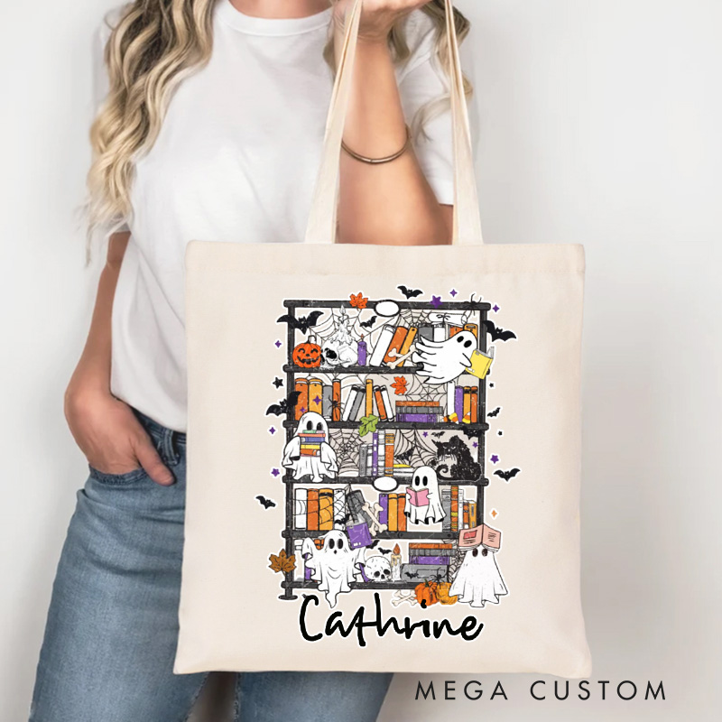 Personalized Cute Ghost Reading Tote Bag Custom Book Lover Bag with Name Halloween Librarian Bag Book Lover Gift Halloween Gift Bookish Gift