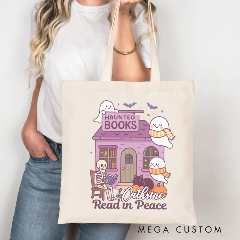 Personalized Read in Peace Tote Bag Custom Halloween Bookstore Bag with Name Trick or Treat Tote Bag Book Lover Gift Bookish Halloween Gift