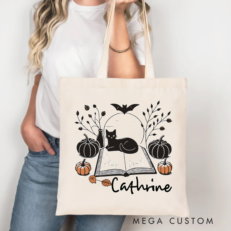 Personalized Halloween Book and Cat Tote Bag Custom Black Cats Bag with Name Bookish Bat Pumpkin Bag Book Lover Gift Librarian Gift Halloween Gift