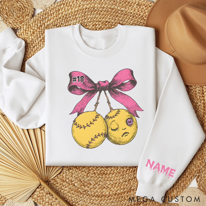 Personalized Halloween Softball Sweatshirt  with Custom Name and Pink Bow Design