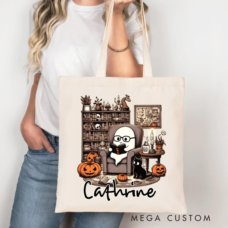 Personalized Retro Ghost Reading Books Tote Bag Custom Canvas Librarian Bag with Name Bookish Pumpkin Bag Book Lover Gift Reader Gift Halloween Gift
