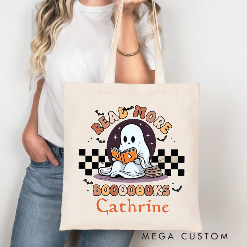 Personalized Read More Books Tote Bag Custom Ghost Book Lover Bag with Name Spooky Librarian Bag Book Lover Gift Reader Gift Halloween Gift