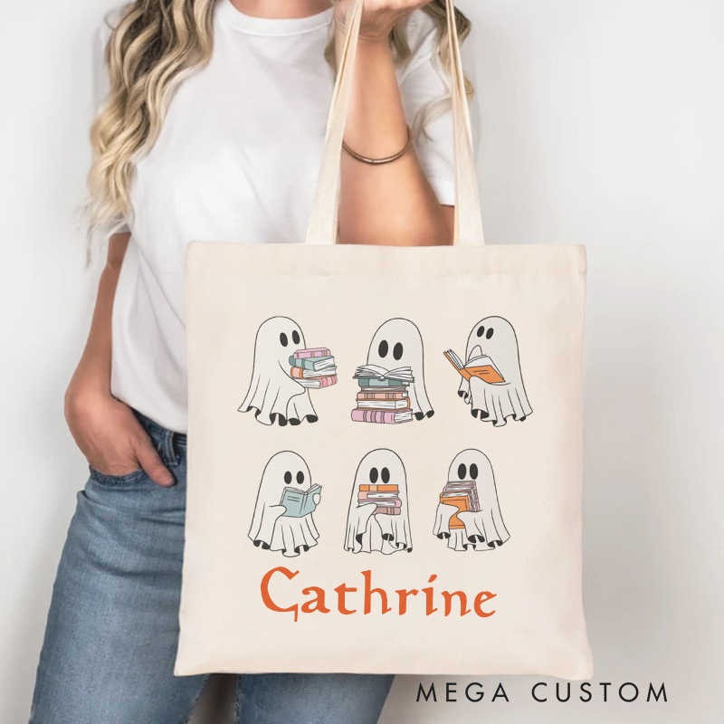 Personalized Ghost Reading Tote Bag Custom Book Lovers Halloween Bag with Name Librarian Bag Book Lover Gift Reading Lover Gift Halloween Gift
