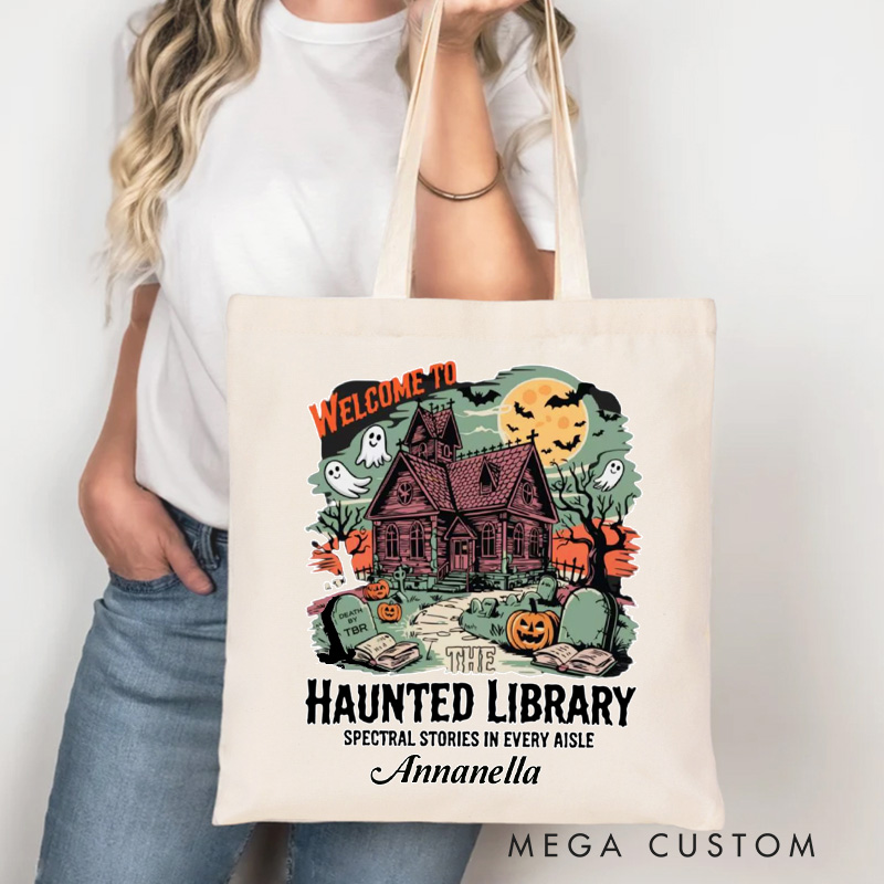 Personalized Cute Ghost Heart Tote Bag Custom Ghost and Bat Bag with Name Retro Canvas Bag Book Lover Gift Reader Gift Halloween Gift