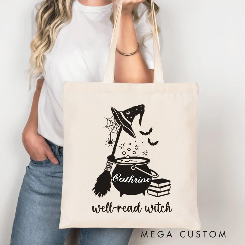 Personalized Well Read Witch Tote Bag Custom Witch Book Bag with Name Scary Book Club Bag Book Lover Gift Reader Gift Halloween Gift