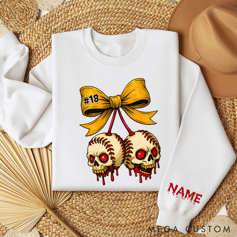 Personalized Halloween Themed Sweatshirt with Skull Baseballs and Custom Number