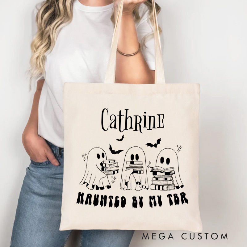Personalized Haunted by My TBR Tote Bag Custom Spooky Bookish Ghost Bag with Name Fall Reading Bag Book Lover Gift Reader Gift Halloween Gift