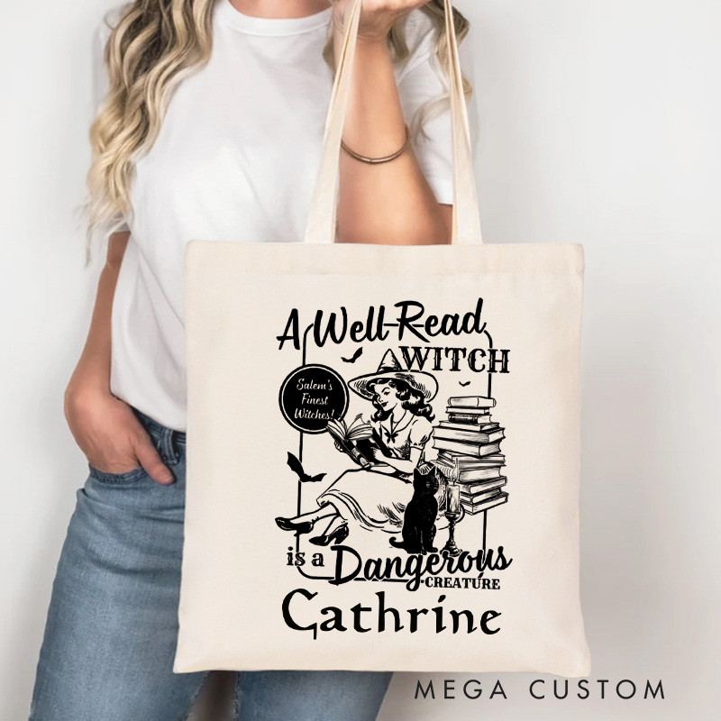 Personalized a Well Read Witch is a Dangerous Creature Tote Bag Custom Retro Book Club Bag with Name Black Cat Tote Bag Book Lover Gift Halloween Gift