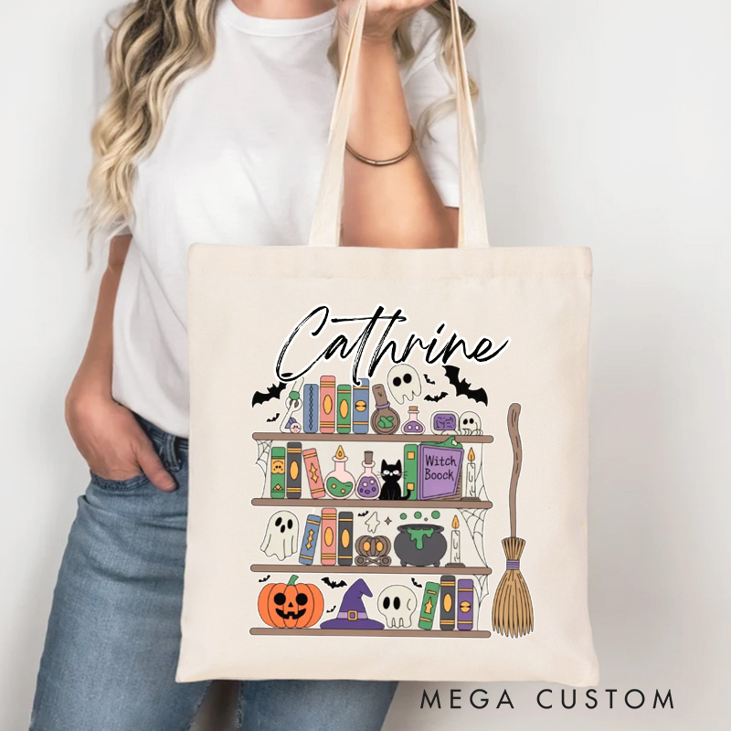 Personalized Ghost Tote Bag Custom Trick or Treat Canvas Bag with Name Black Cat Tote Bag Pumpkin Bag Book Lover Gift Halloween Gift Reader Gift