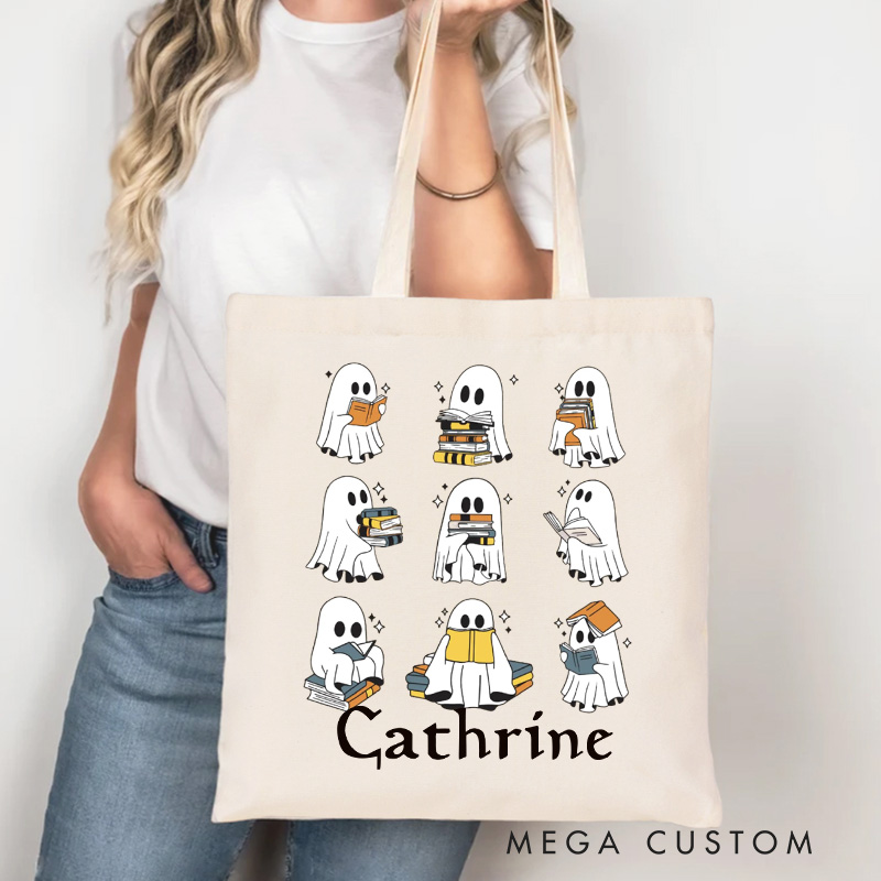 Personalized Ghost Reading Tote Bag Custom Trick or Treat Canvas Bag with Name Halloween Bookish Bag Book Lover Gift Halloween Gift Reader Gift