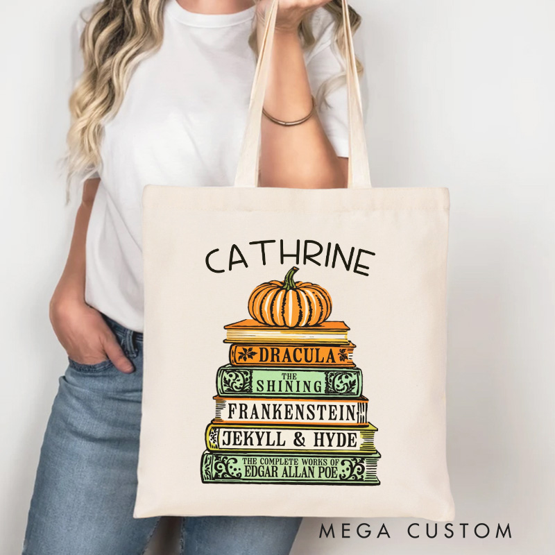 Personalized Book and Pumpkin Tote Bag Custom Horror Book Reader Bag with Name Scary Book Bag Book Lover Gift Halloween Gift Reader Gift