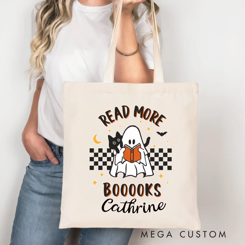 Personalized Read More Books Tote Bag Custom Reading Ghost Bag with Name Ghost and Black Cat Bag Book Lover Gift Halloween Gift Reading Gift