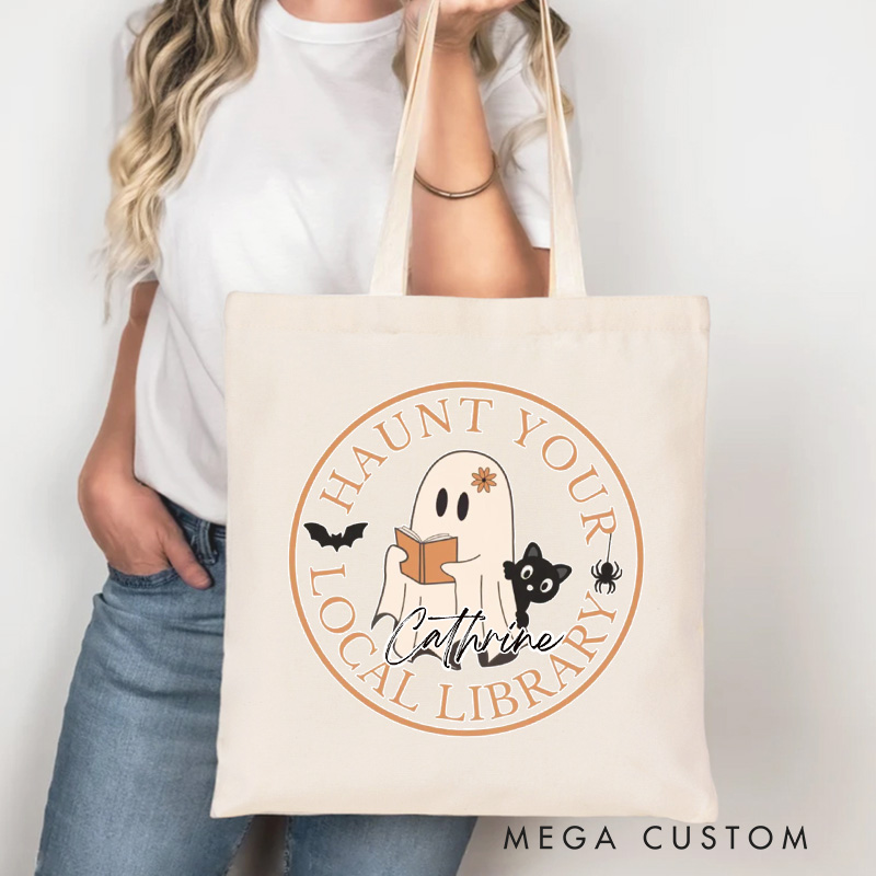 Personalized Haunt Your Local Library Tote Bag Custom Spooky Bookish Bag with Name Ghost and Cat Bag Book Lover Gift Halloween Gift Reading Gift