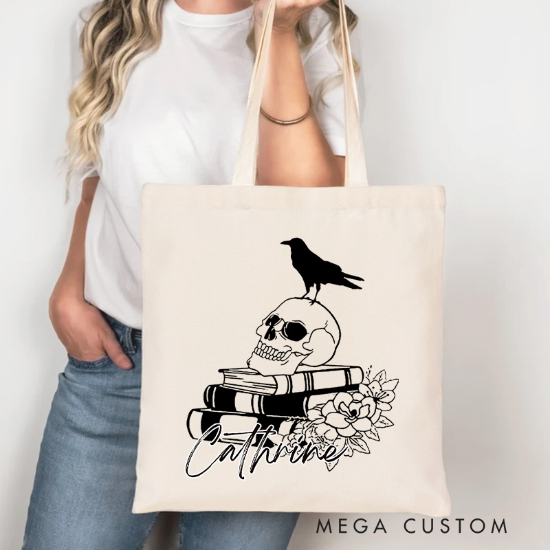 Personalized Floral Skull Book Tote Bag Custom Book Flowers Bag with Name Halloween Book Bag Book Lover Gift Halloween Gift