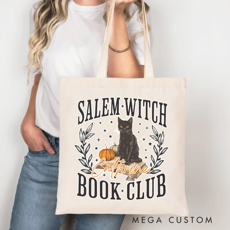 Personalized Witch Book Club Tote Bag Custom Canvas Witchy Book Bag with Name Black Cat Bag Pumpkin Bag Book Lover Gift Halloween Gift