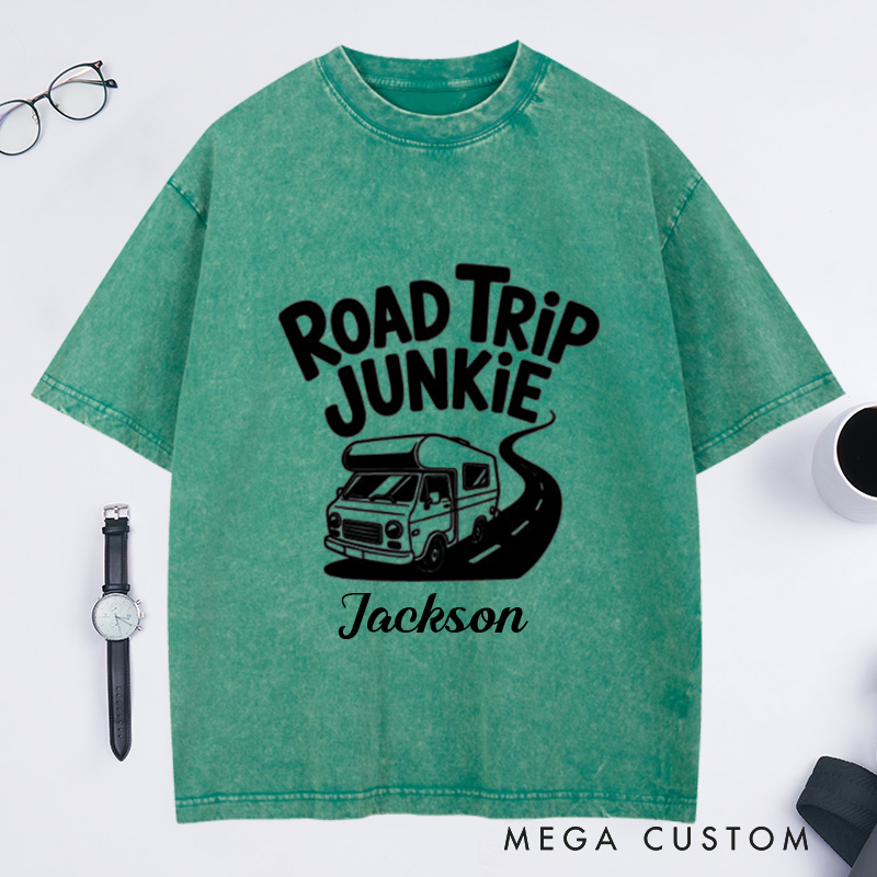 Personalized Road Trip Junkie Washed T-Shirt for Traveling Lovers Traveler Gifts Road Trip Tee