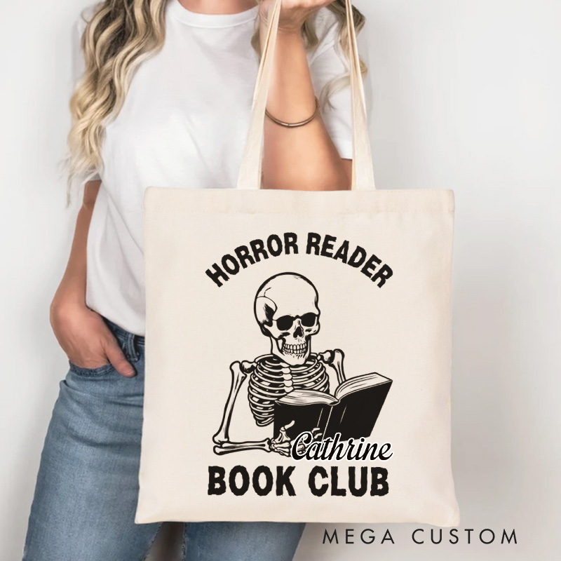 Personalized Horror Reader Book Club Tote Bag Custom Skull Bag with Name Bookish Halloween Bag Book Lover Gift Halloween Gift