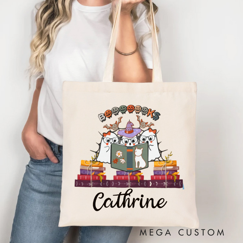 Personalized Halloween Books Tote Bag Custom Cute Ghost and Bat Reading Bag with Name Witch Ghost Bag Book Lover Gift Halloween Gift