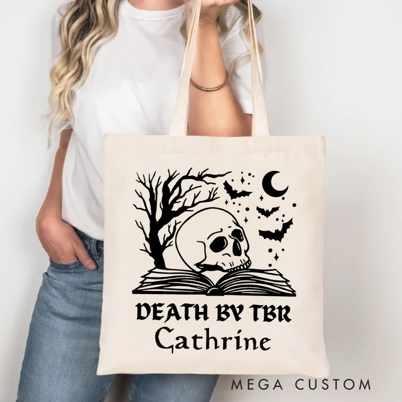 Personalized Death by TBR Tote Bag Custom Horror Reader Bag with Name Skull and Bat Book Bag Book Lover Gift Halloween Gift Bookish Gift