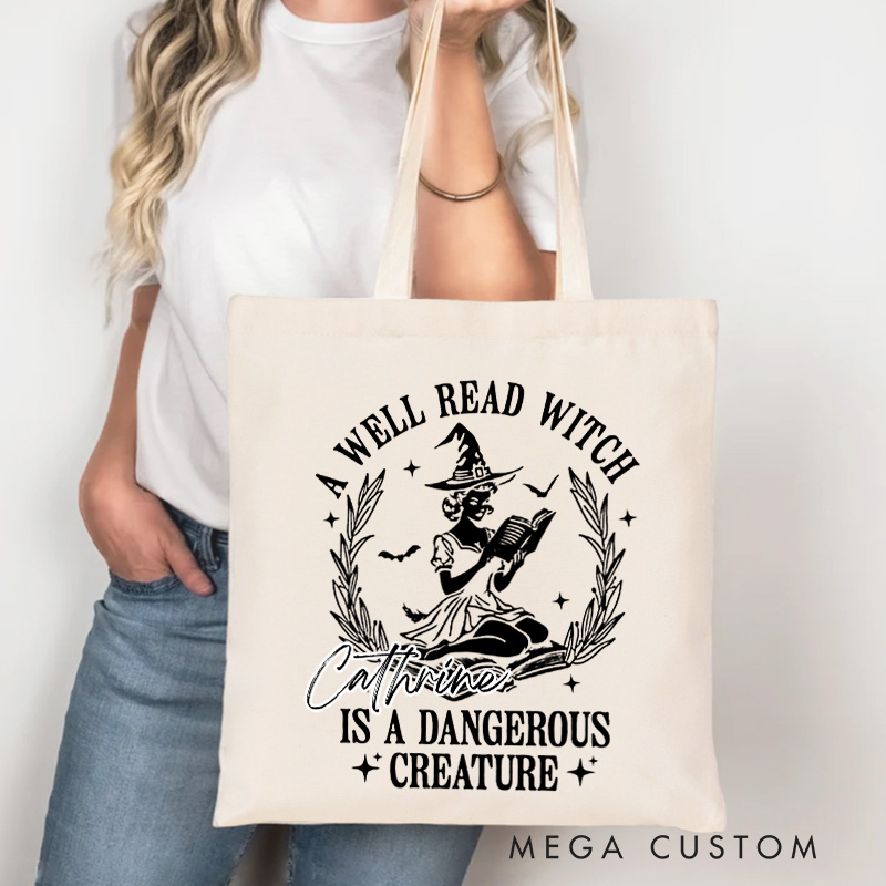 Personalized a Well Read Witch is a Dangerous Creature Tote Bag Custom Witchy Reader Bag with Name Book Lover Gift Halloween Gift Bookish Gift