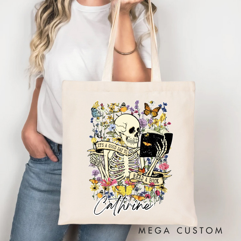 Personalized It's a Good Day to Read a Book Tote Bag Custom Halloween Reading Skeleton Bag with Name Book Lover Gift Halloween Gift Bookish Gift