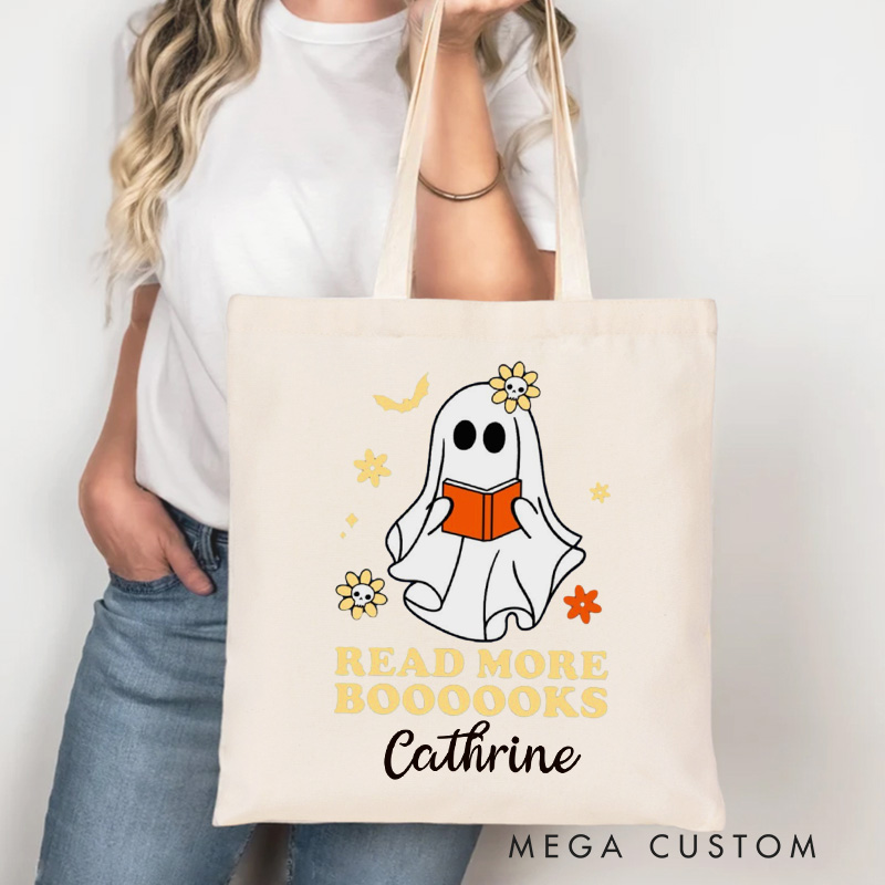 Personalized Read More Books Tote Bag Custom Halloween Reading Ghost Bag with Name Book Lover Gift Halloween Gift Bookish Gift