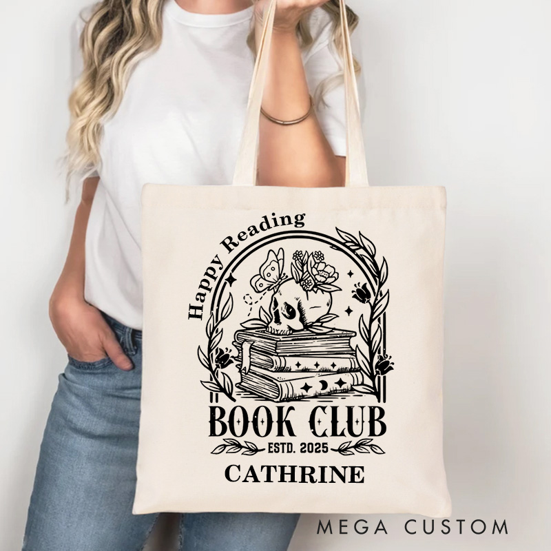 Personalized Reading Book Club Tote Bag Custom Skull Book Bag with Name Spooky Bookish Bag Book Lover Gift Halloween Gift Bookish Gift
