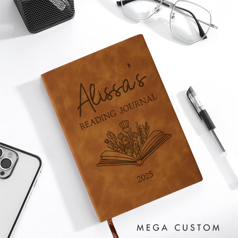 Personalized Reading Journals Engraved Leather A5 Notebook with Name Book Flower Journal for Librarian Gift Book Lover Gift Bookish Gift