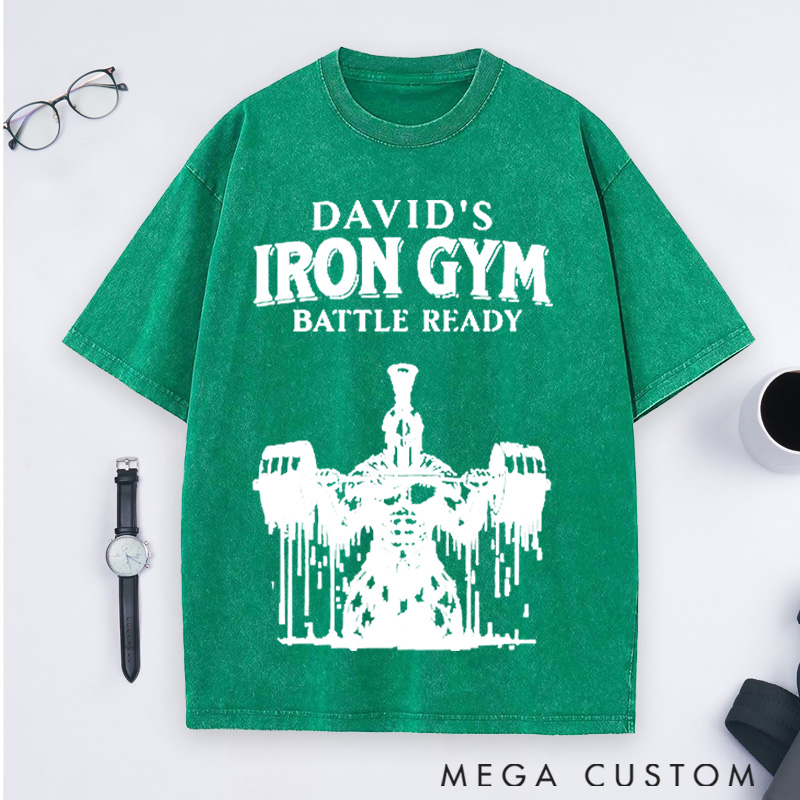 Personalized Gym Washed T-Shirts with Classic Soldier with Barbell Design for Fitness Enthusiasts Bodybuilders and Gym Lovers