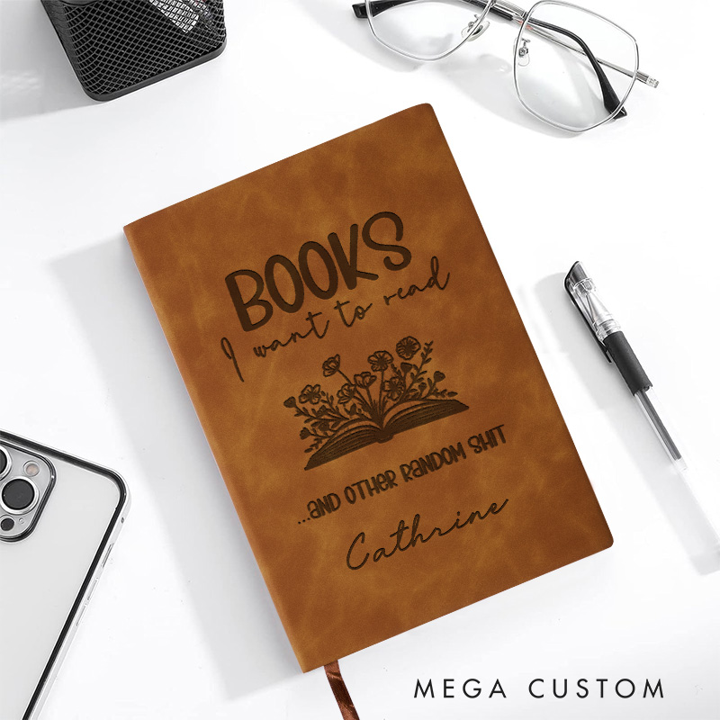 Personalized Books I Want to Read Journal Leather Book Flower Notebook with Name Reading Journal for Book Lover Gift Bookish Gift Librarian Gift