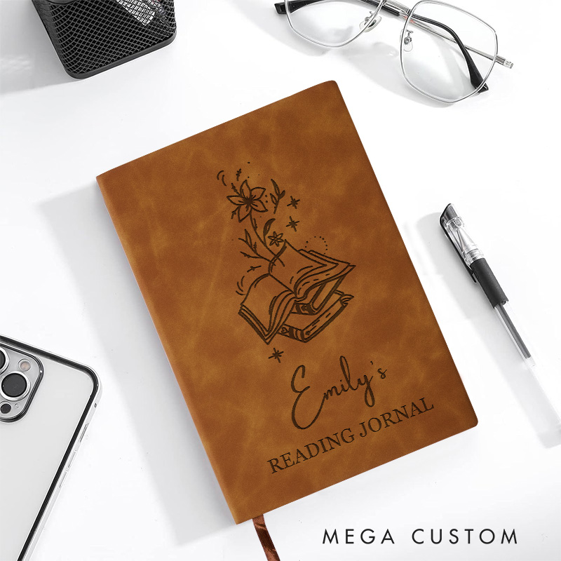 Personalized Leather Reading Journal Engraved Book Flower Reading Notebooks Bookish Journals for Librarian Gift Book Lover Gift
