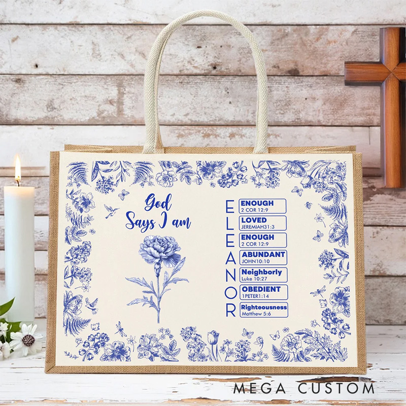 Personalized Toile De Jouy Birth Flower Bible Chapter Name Large Capacity Jute Tote Bag Baptism Birthday Christmas Gift for Women Christians