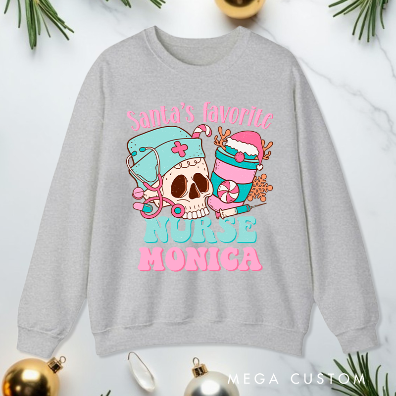 Personalized Nurse Sweatshirt Customized Santa's Favorite Nurse Design Sweatshirt Nurse Christmas Gifts 