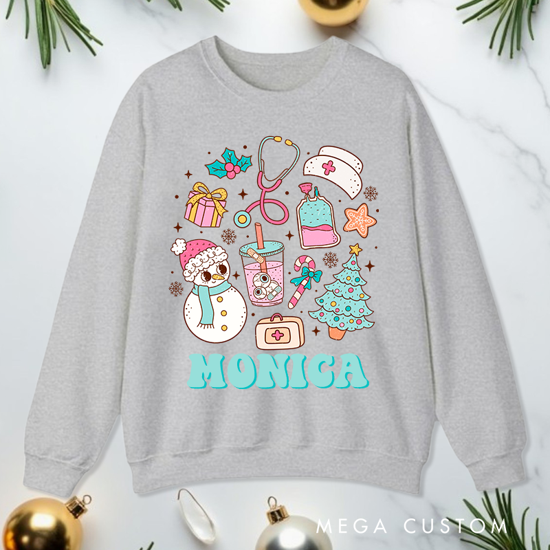 Personalized Nurse Sweatshirt Customized Festive Nurse Icons Design Sweatshirt Nurse Christmas Gifts 