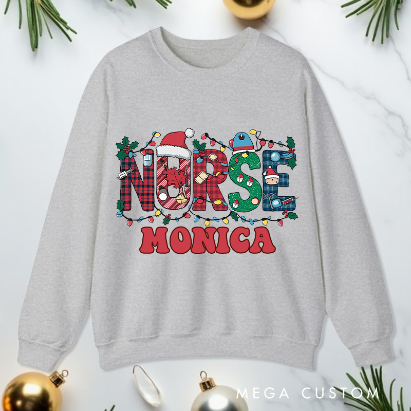 Personalized Nurse Sweatshirt Customized Festive Nurse Christmas Lights Design Sweatshirt Nurse Christmas Gifts 