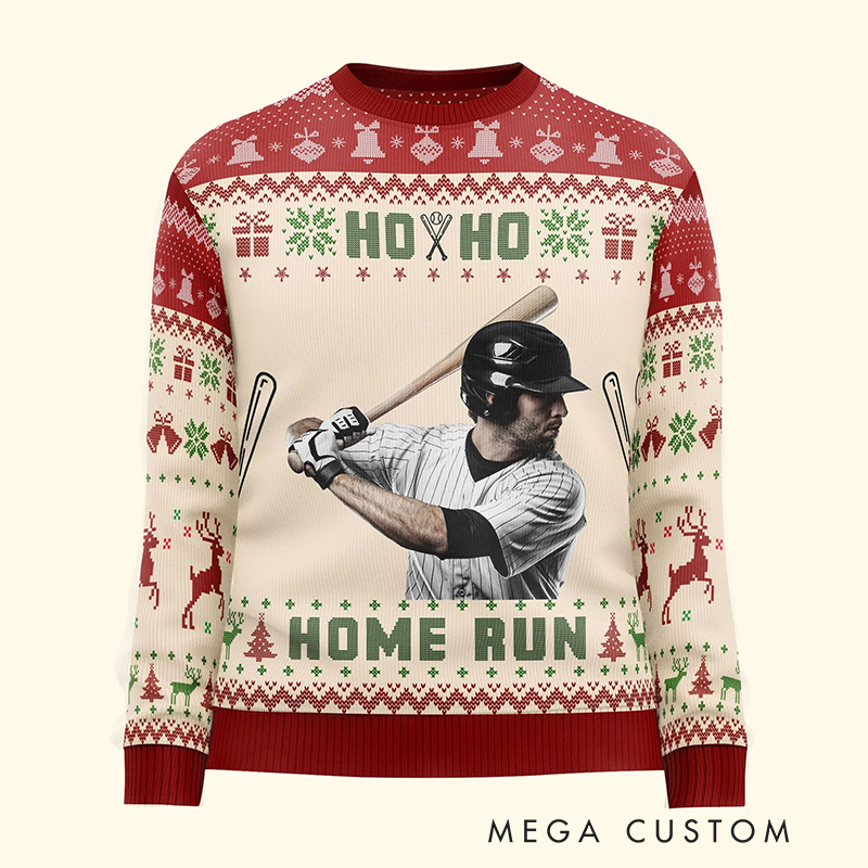 Personalized Baseball Ho Ho Home Run Ugly Sweatershirt with Custom Photo 