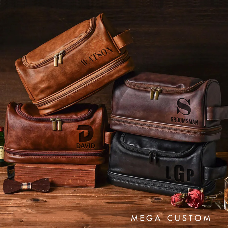 Personalized Classic Modern Graphic Hanging Leather Dopp Kit Art Lover Mens Leather Toiletry Bag Engraved Dopp Bag Gift For Men