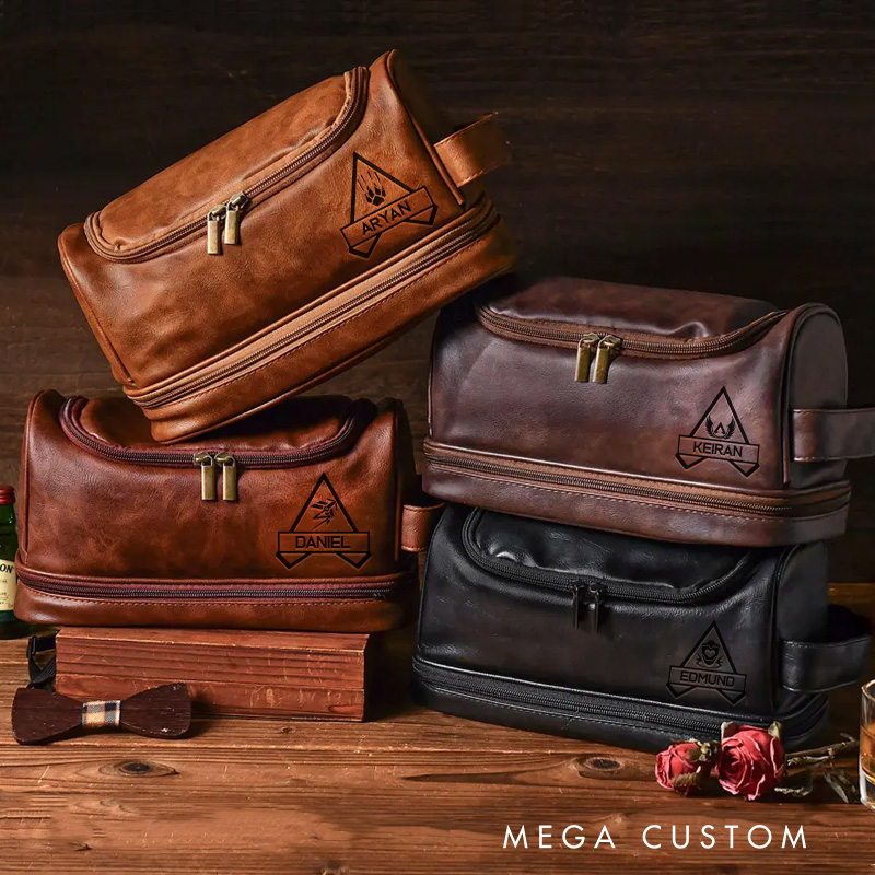 Personalized Battle Royal Game Inspired Hanging Leather Dopp Kit Gamer Mens Leather Toiletry Bag Engraved Dopp Bag Gift For Men