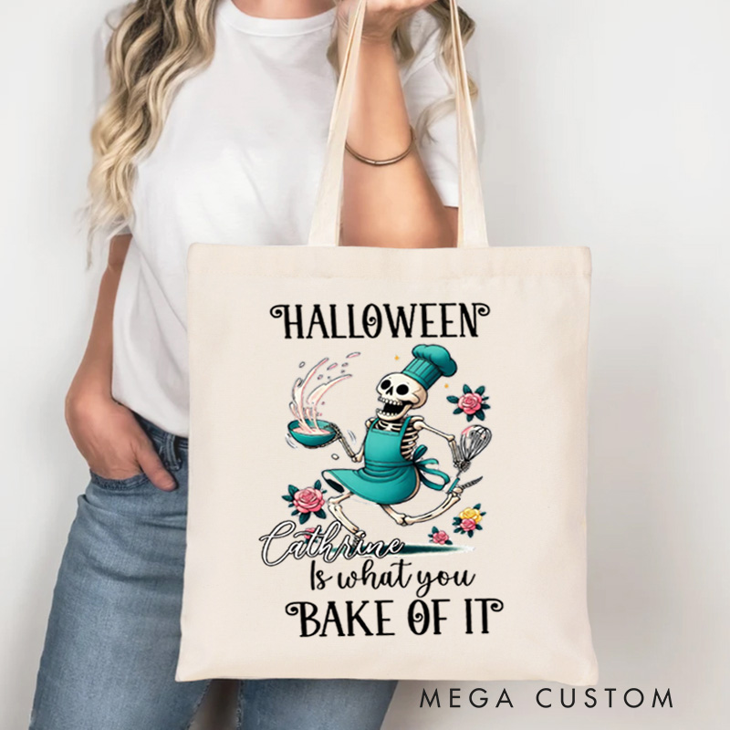 Personalized Halloween is What You Bake of It Tote Bag Custom Skeleton Baking Bag with Name Halloween Party Tote Baking Lover Gift