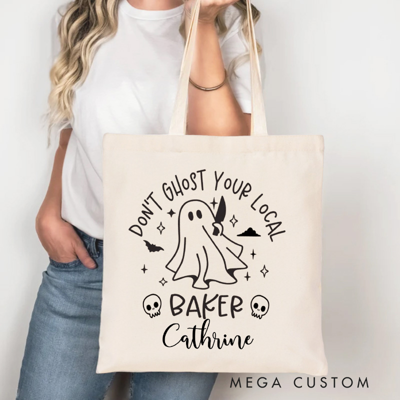 Personalized Don't Ghost Your Local Baker Tote Bag Custom Ghost Baking Canvas Bag with Name Spooky Baker Tote for Baking Lover Gift